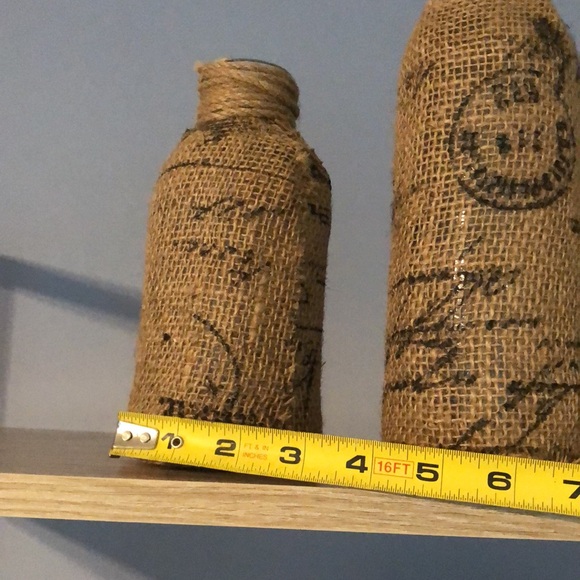 Set of 3 burlap and twine wrapped glass bottles. - Picture 6 of 8